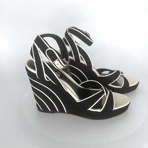 SOLD!! Salvatore Ferragamo Alerja Black & White Linen and Leather Wedge Sandals.